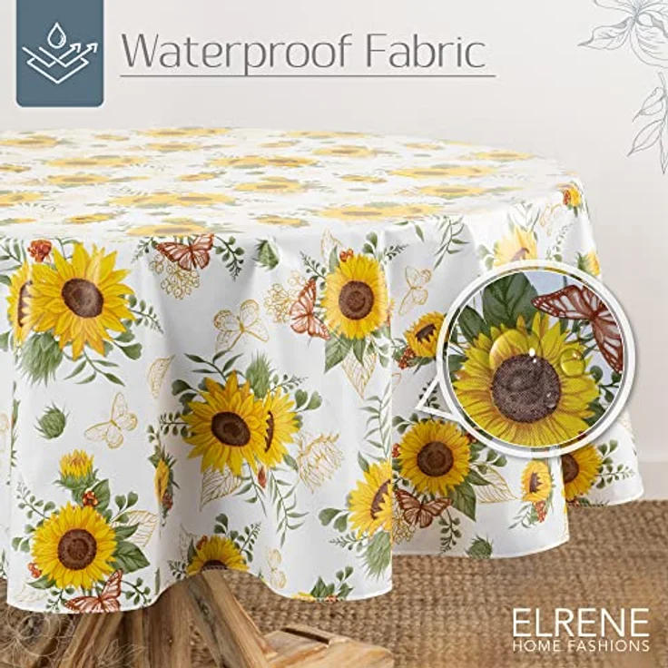 Elrene Home Fashions Sunflower Season Vinyl-Tischdecke mit Blumenmuster, Wasser- und schmutzabweisend, für drinnen und draußen, mit Flanell-Rückseite, 177,8x177,8 cm, rund – Bild 3