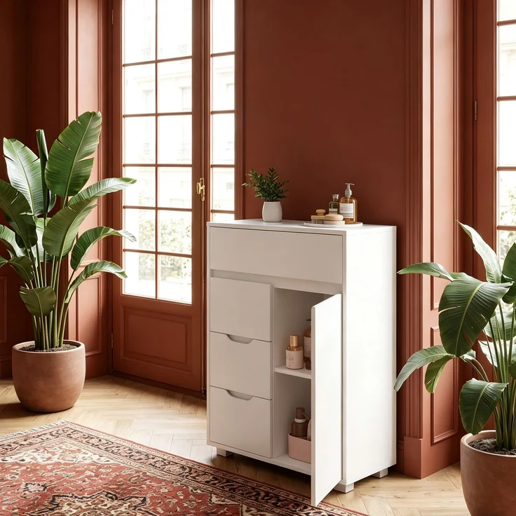 Halupeit Weißer Badezimmer-/Wohnzimmerschrank mit drei verstellbaren Einlegeböden, vier Schubladen und einer Tür, 30,5 x 55,5 x 82,5 cm – Bild 5