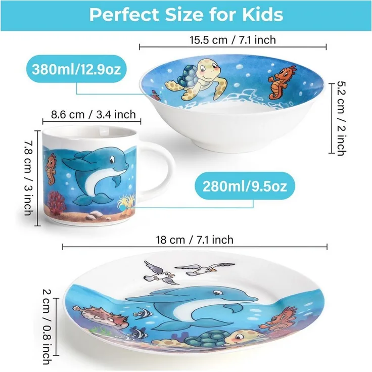 MiaMio Kindergeschirr-Set 3er-Set Kindergeschirr/Porzellan inkl. Teller, Schüssel und Tasse Ocea (3-tlg), 1 Personen, Porzellan