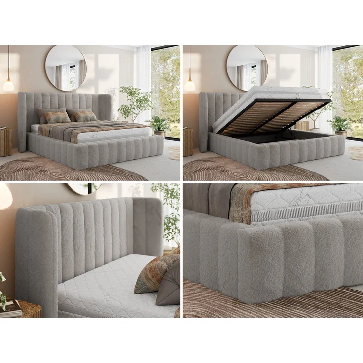 Polsterbett GOLETTA CLASSIC 140 x 200 cm mit gepolstertem Kopfteil, stabilem Bettrahmen, Lattenrost und Bettkasten mit Gasdruckfedern, Doppelbett, zeitloses Design - Hellgrau Plüsch – Bild 2