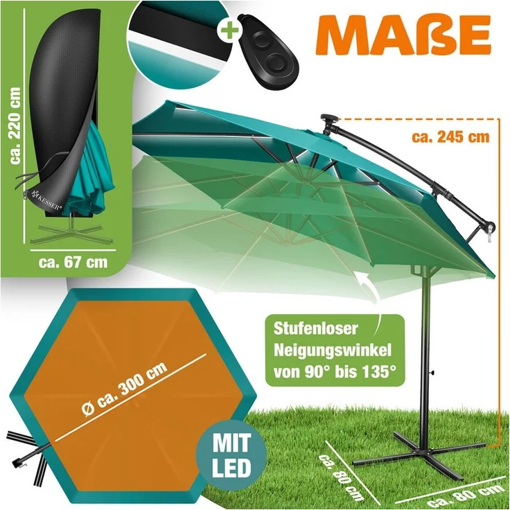 KESSER® Alu Ampelschirm LED Solar + Abdeckung mit Kurbelvorrichtung UV-Schutz Aluminium mit An-/Ausschalter Wasserabweisend - Sonnenschirm Schirm Gartenschirm 300cm, Petrol Grün – Bild 1