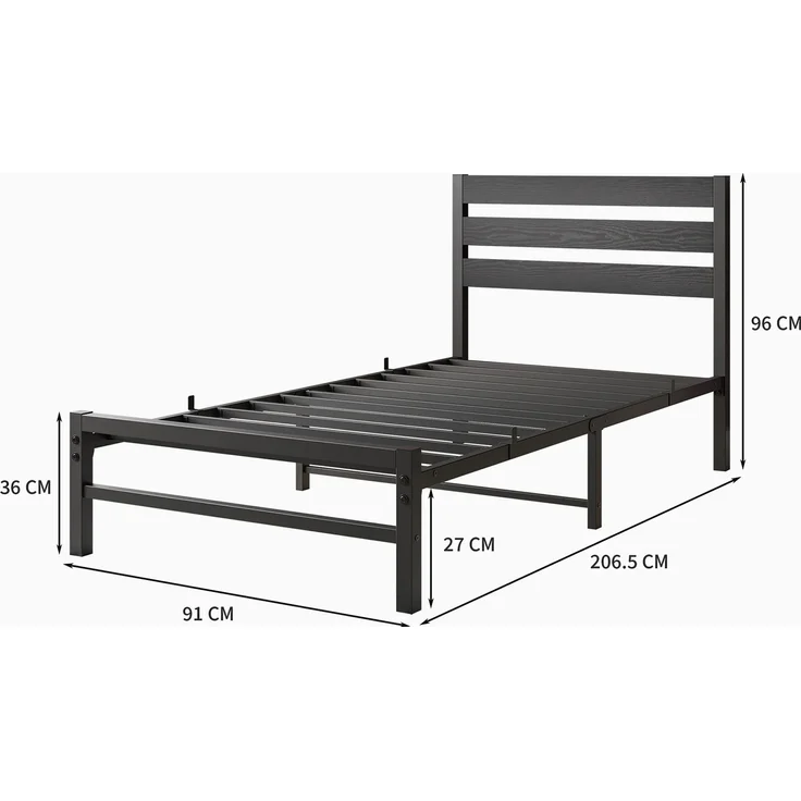 Einzelbett aus Metall mit MDF-Kopfteil, ohne Matratze, 90x200 cm, Schwarz – Bild 6