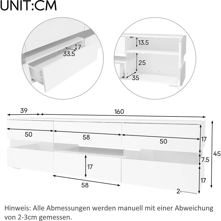 TV-Schrank, 160x39x45 cm, weißer Hochglanz-TV-Schrank mit LED, Acrylglas & Drucköffnung – Bild 10