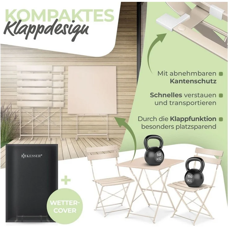 KESSER® Bistroset 3-teilig mit Bistrotisch & 2 Klappbaren Stühlen | Gartenmöbel-Set Outdoor Sitzgruppe | UV & wetterbeständig Gartentisch | Balkonset bestehend aus Klapptisch & 2x Klappstühlen & Cover Cappuccino – Bild 3