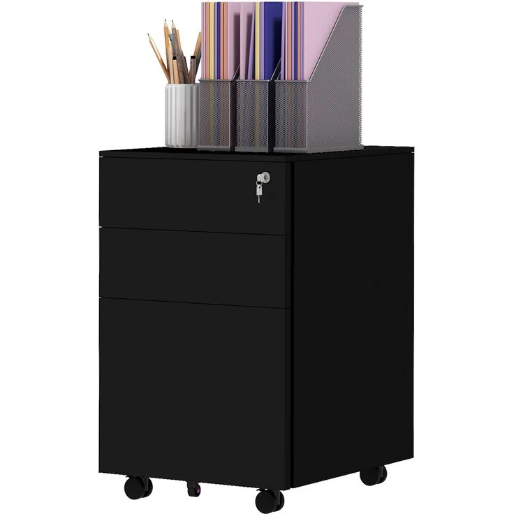 Rollcontainer Aktenschrank, 3 Schubladen, abschließbar, Rollbar, 37 cm x 43,5 cm x 60 cm, Schwarz--Schwarz--60x43.5x37cm--YOUDENOVA – Bild 2