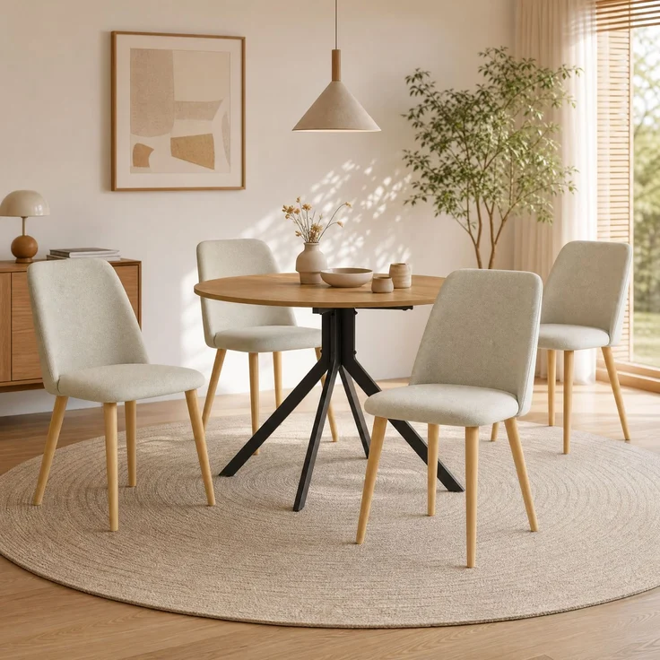 GOEURVANT 1001 Esstisch Set rund Ø 100 cm in Wildeiche-Optik, Küchentisch mit 2 Stühlen in Beige – Bild 2