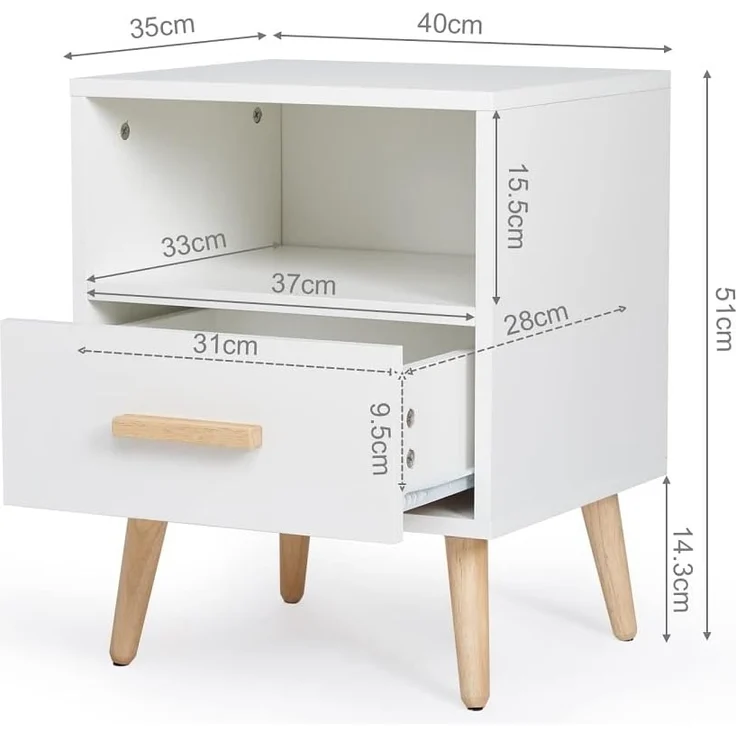 Mondeer Nachttisch, Nachtschrank mit 1 Schublade und 1 Offenem Fach, Holz Modern Nachtkommode mit Massivholzfüßen, Beistelltisch für Schlafzimmer Wohnzimmer, 40 x 30 x 51 cm, Weiß – Bild 3