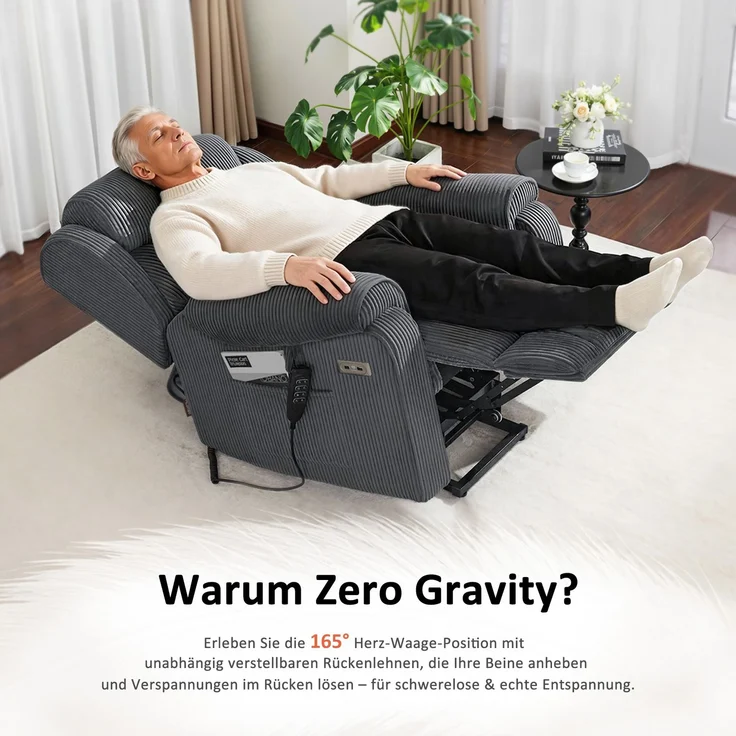 M MCombo 4-Motoren-Fernsehsessel mit Aufstehhilfe Elektrisch, Elektrische Lenden- & Kopfstütze 165°Zero-Gravity Sessel mit Aufstehhilfe, Massage & Heizung 7558 (Stoff, Dunkelgrau) – Bild 6