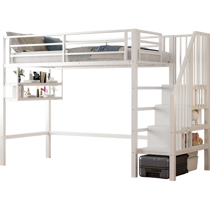 Kinder Hochbett 90x200 cm Metall mit Regalen Stauraum Leiter und Spielbereich unter dem Bett Weiss – Bild 6