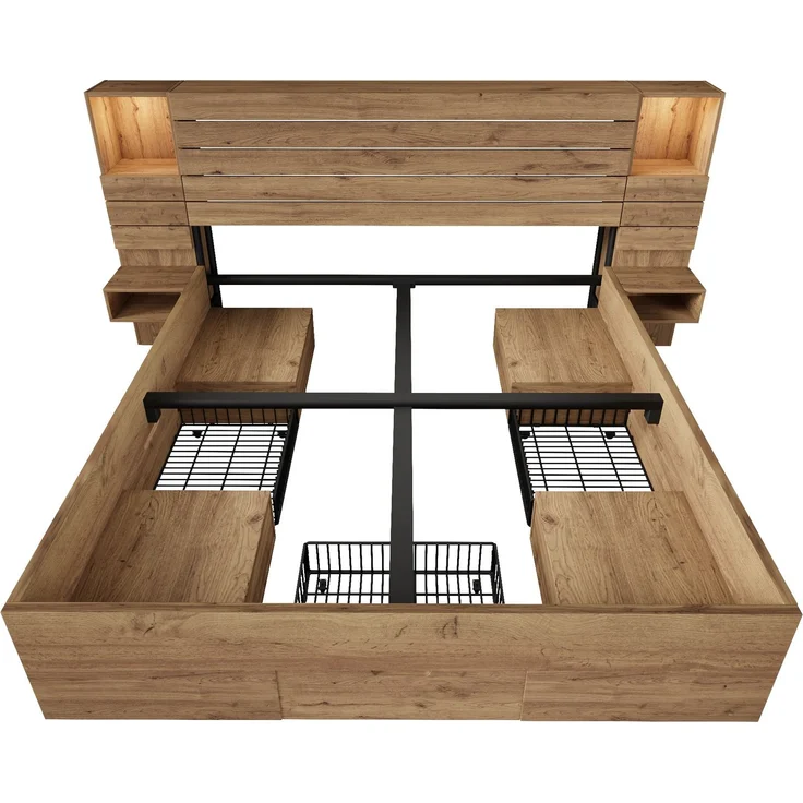 Holzbett Doppelbett 160×200cm Eichenoptik mit LED-Downlights, integrierter USB & Type-C Ladestation, beleuchtete Nische, schwebende Nachttische, Unterbett-Schubladen Stauraum, stabiler Metallrahmen ohne Matratze – Bild 8