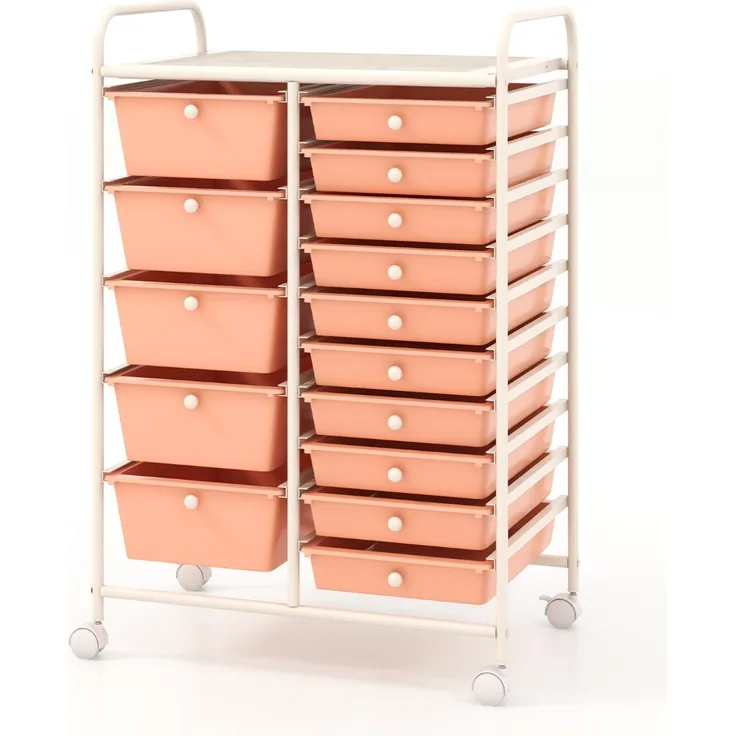 Rollwagen mit 15 Stapelbaren Schubladen & Ablagefläche Schubladenwagen Rollcontainer Pfirsich