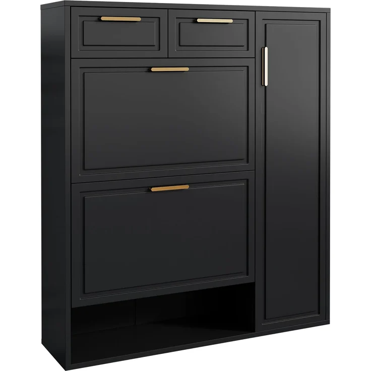 ZUBALIYA Schuhschrank (95 x 24 x 107 cm), 2 Schubladen, Verstellbare Einlegeböden, Stauraum für Flur und Eingangsbereich, Schwarz – Bild 6