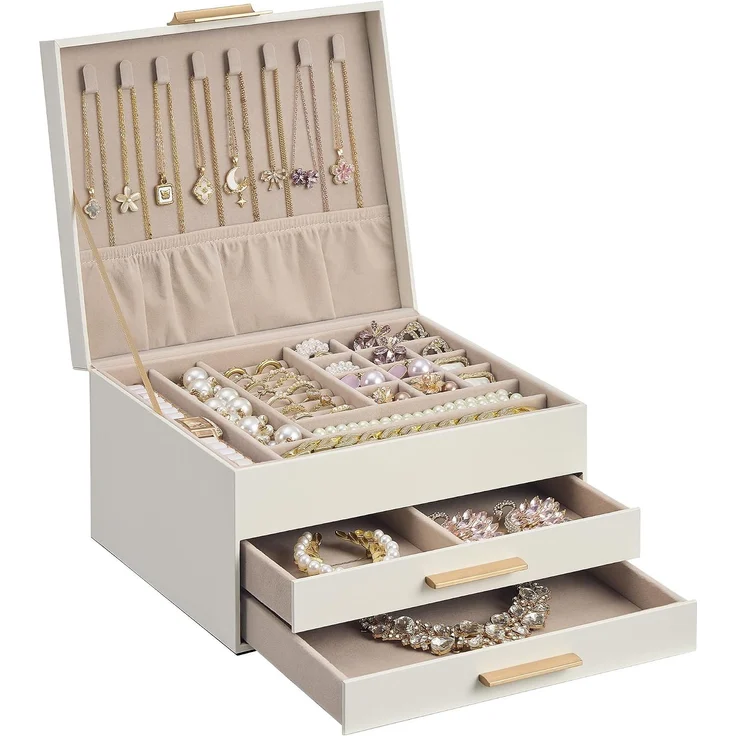 SONGMICS Schmuckkästchen mit 3 Ebenen und 2 Schubladen, PU-Leder, 23,1 x 20,3 x 13,5 cm, Weiß und Hellmokkafarben – Bild 1