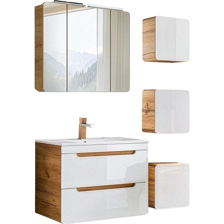 Badmöbel Set in Hochglanz weiß mit Wotan Eiche Nb. LUTON-56 mit LED-Spiegelschrank, B/H/T ca. 130/200/46 cm – Bild 2