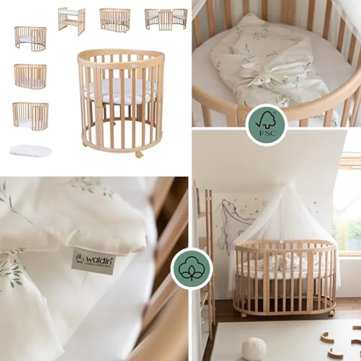 Waldin Oval Baby-Bett Mitwachsend Komplett Set 7in1, Gitterbett, Kinderbett mit Matratze, Wickelkommode, Beistellbett, Holz Natur, Stoffe Weiß Zweige – Bild 7