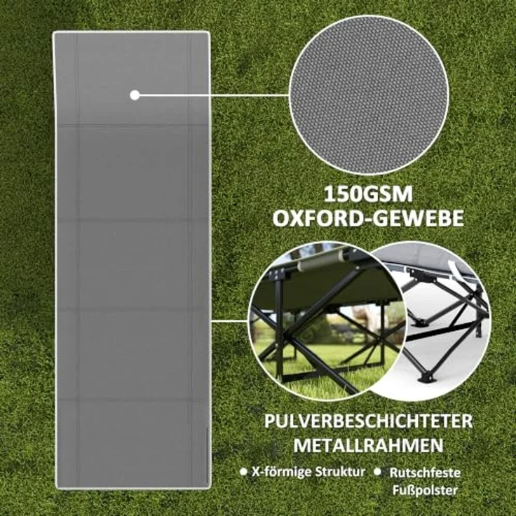 Outsunny Feldbett Campingbett 190 x 67 x 37 cm Gästebett bis 150 kg (mit dicker und weicher Matratze zum Schlafen, 1-St, mit rutschfesten Füßen) Seitentasche und Tragetasche, Schwarz – Bild 5