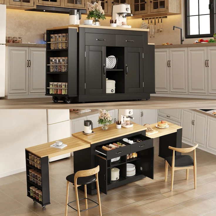 Merax 340cm Kücheninsel mit zwei ausziehbaren Arbeitsflächen,stilvolle mobile Insel,verstellbare Regalböden,2x220V-Steckdosen,2xUSB-Anschlüsse, Schwarz – Bild 2
