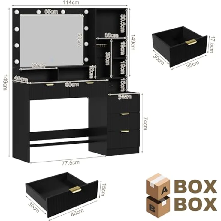 JUMMICO 114cm Großer Schminktisch mit großem Spiegel und LED-Leuchten, Schminktisch mit 5 Schubladen, 7 offene Regale, 7 Häkchen, Kosmetiktisch für Mädchen, Frauen und Schlafzimmer, Obsidianschwarz – Bild 6