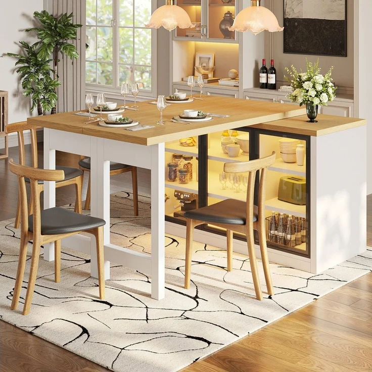 Flieks Kücheninsel mit 360° drehbarer und klappbarer Esstisch, LED-Beleuchtung, Glastüren, (Holzoptik Tischplatte Tiefe 40-80cm, Längenverstellbar 120-197 cm), ausziehbarer Arbeitstisch & multifunktional Mehrzweckschrank Weiß – Bild 4