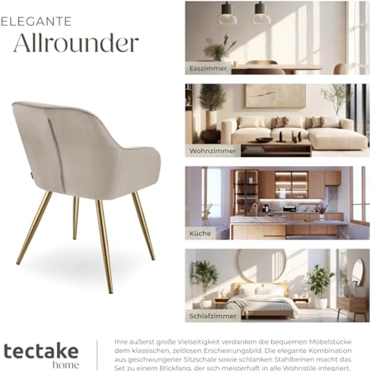 tectake Esszimmerstuhl Polstersessel gepolstert, in Samtoptik, gesteppt, 58 x 62 x 82 cm (Küchenstuhl Marilyn in taupe/gold, 4 St), schlanke, goldene Stahlbeine, bodenschonend, Belastbarkeit 120 kg – Bild 9