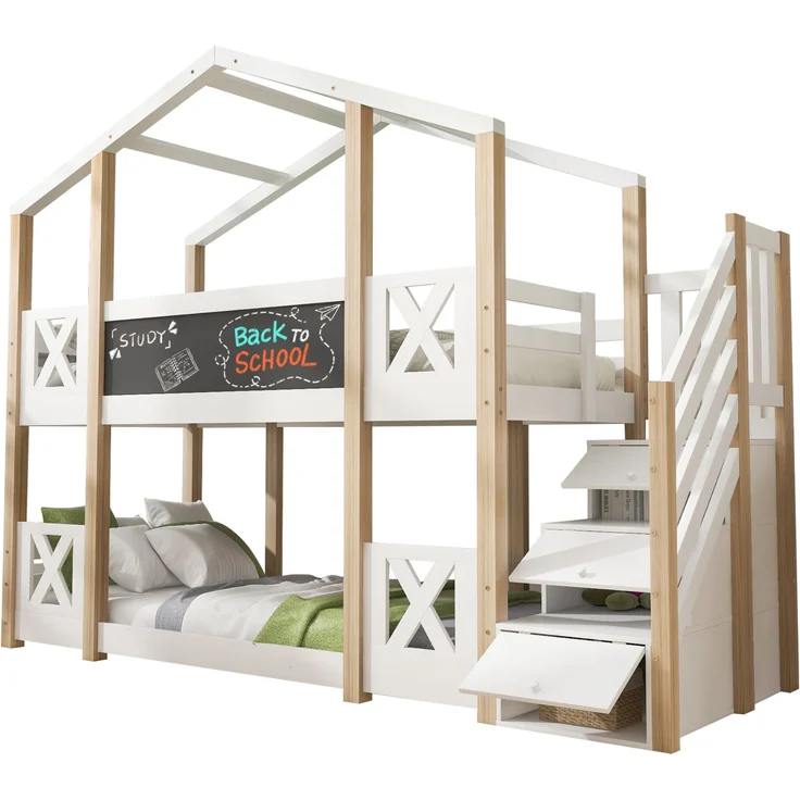 Etagenbett 90 x 200 cm,Kinderbett Baumhaus mit Treppe Stauraum und Rausfallschutz, Hochbett für Kinder– 2x Lattenrost- Natur & Weiß – Bild 8