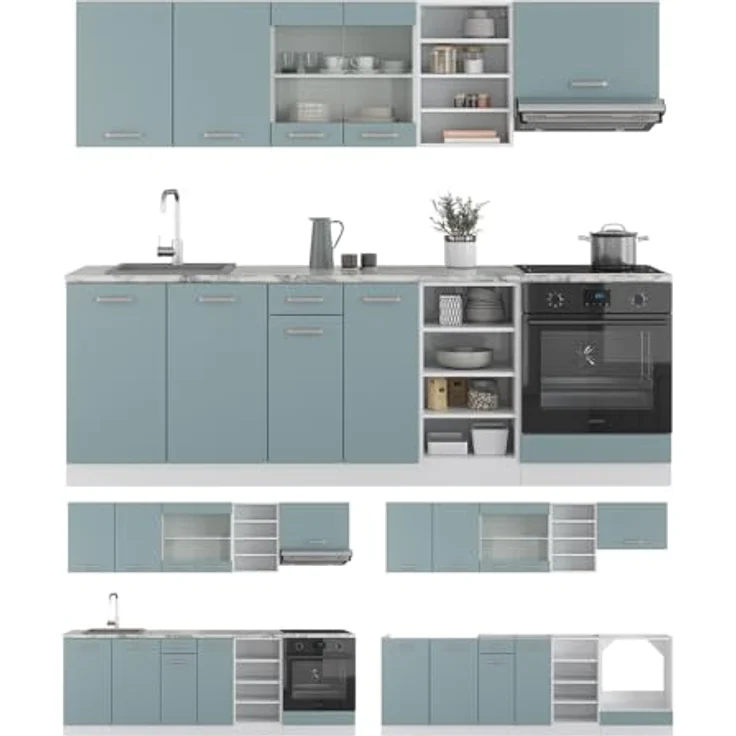 Vicco Küchenzeile R-Line, Blaugrau und Weiß, Rechteckig, 240x81.6x60 cm, Holzwerkstoff, Küchenblock ohne Geräte – Bild 9