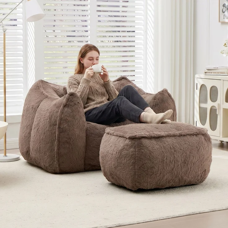 Riesiger Sitzsack für Erwachsene und Kinder, Sitzsack-Sofa mit Kunstfellbezug, Kissen und Hocker, bequemes Lese- und Spielsofa für Schlaf- und Wohnzimmer, Khaki--khaki--123x157x73cm--YOUDENOVA – Bild 8