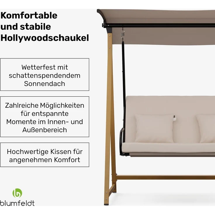 Blumfeldt ZenGrove Hollywoodschaukel 2-Sitzer – Verstellbares Sonnendach, Wetterfester Stahlrahmen, 160 kg Belastung, Dicke Polster Für Komfort – Bild 2