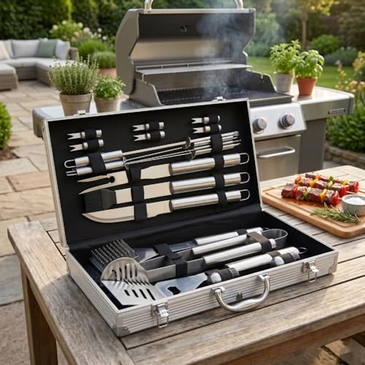 Mastercook – Professionelles Grillzubehör-Set aus Stahl mit Koffer, Zubehör-Set BBQ mit Zange, Gabeln, Spachtel und Bürsten, Koffer für Grillwerkzeuge – Bild 2
