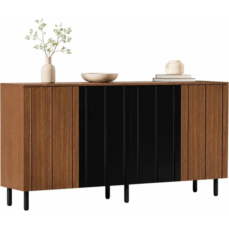 DESVIAE Sideboard mit 4 Türen 160x80x35 cm aus Spanplatte Nussbaumfarben/Schwarz – Bild 7