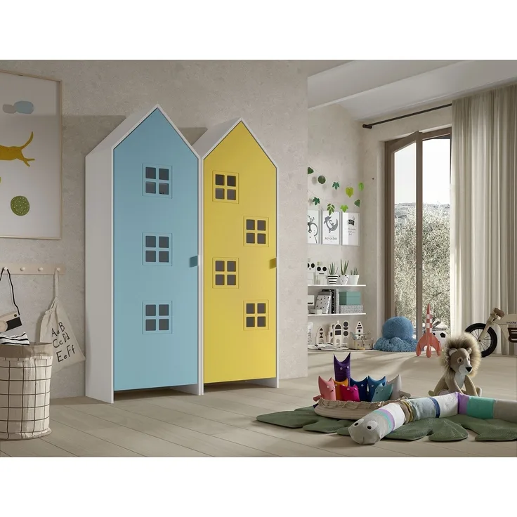 Kleiderschrank >CASAMI BRUGES< in Korpus Weiß / Front Blau u. Gelb, MDF