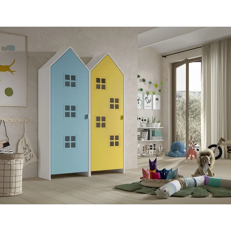 Kleiderschrank >CASAMI BRUGES< in Korpus Weiß / Front Blau u. Gelb, MDF – Bild 1
