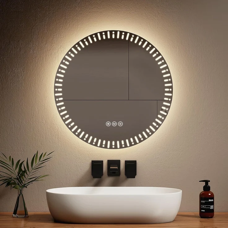 EMKE Runder Badezimmerspiegel mit LED-Hintergrundbeleuchtung, Durchmesser 60 cm, mit Anti-Beschlag + Touch-Schalter + 3 Lichtfarben variabel, runder Spiegel, modern, Badezimmerspiegel – Bild 2