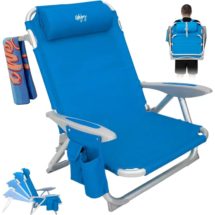 #WEJOY Strandstuhl klappstuhl Camping tragbar Stark stabil Campingstuhl Lay Flat Chair verstellbare Rückenlehne, mit Kopfstütze, Armlehnen