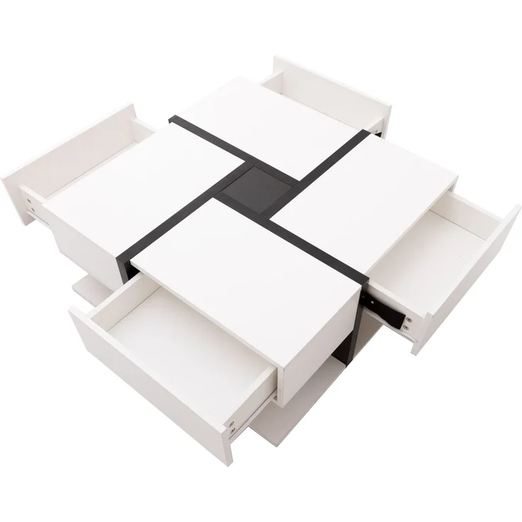 Merax Hochglanz-Couchtisch, Tisch mit 4 Schubladen, einzigartige Farbabstimmung und Liniendesign, Stauraum unten, Weiß – Bild 5