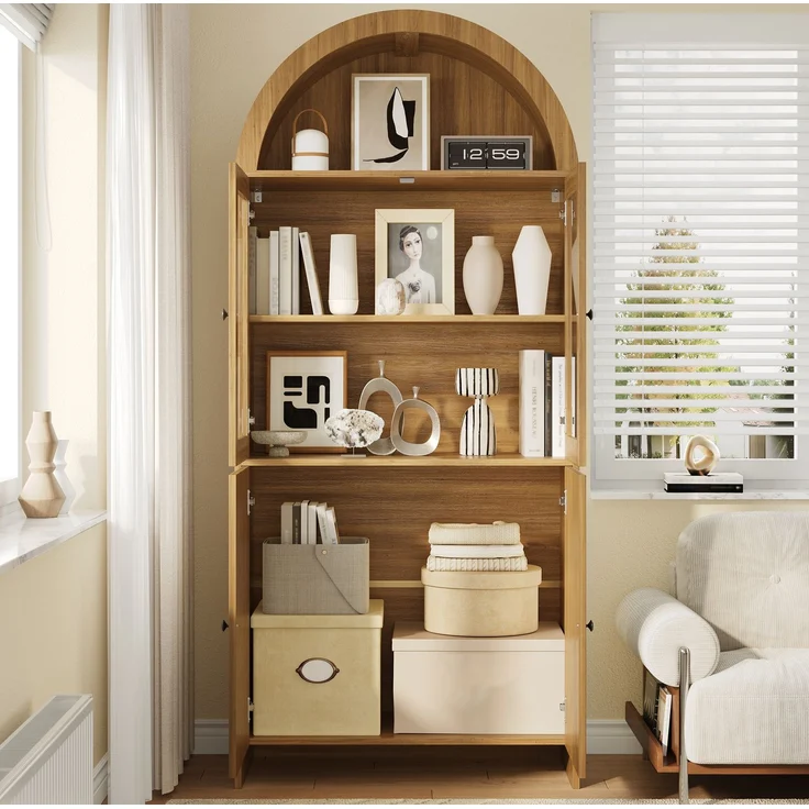 DESVIAE Sideboard mit Glastüren und gewölbtem Design 78x176x40 cm Spanplatte Natur – Bild 2