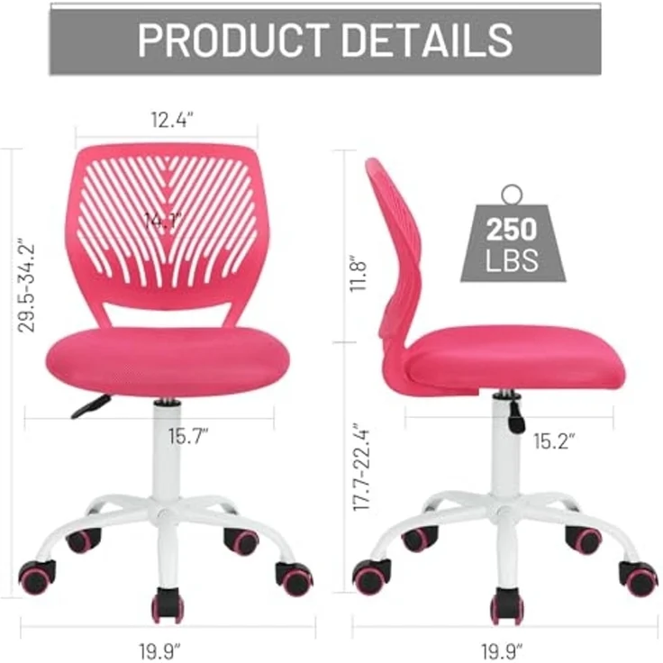 FurnitureR Kinder Schreibtischstuhl, Verstellbarer Höhendrehstuhl mit kleinem Loch Rückenlehne Design, geeignet für Kinderzimmer oder Arbeitszimmer, Rosa – Bild 2