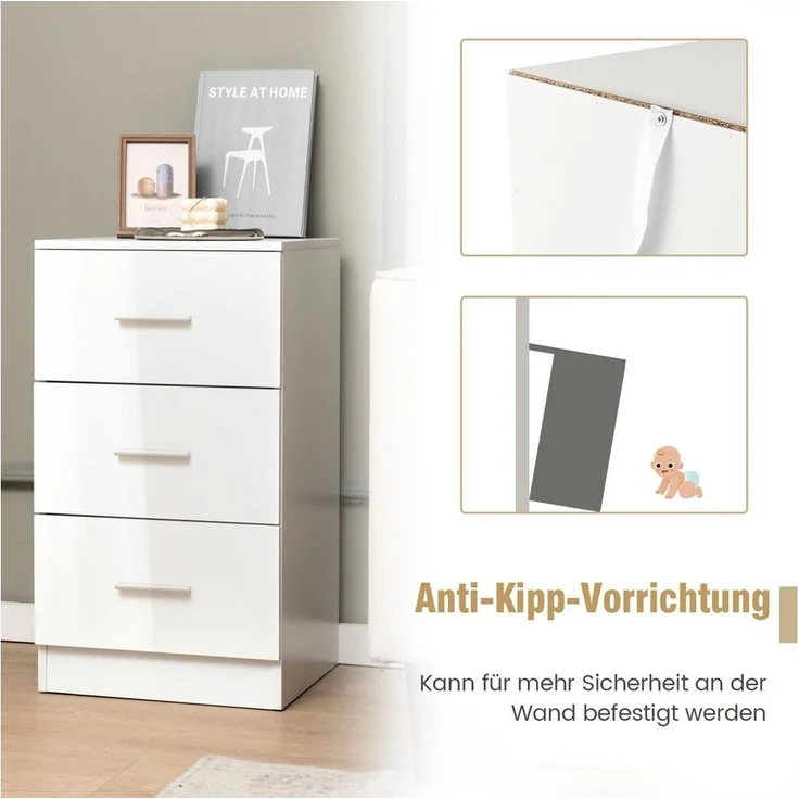 COSTWAY Nachttisch (1-St), mit 3 Schubladen, 37 x 34 x 66,5 cm, weiß – Bild 3