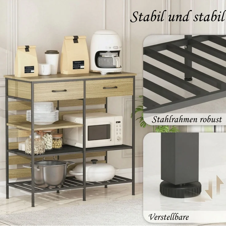 Küchenbuffet 90x40x91 cm mit 2 Schubladen und 3 offenen Ablagen – Natur und Schwarz – Bild 5