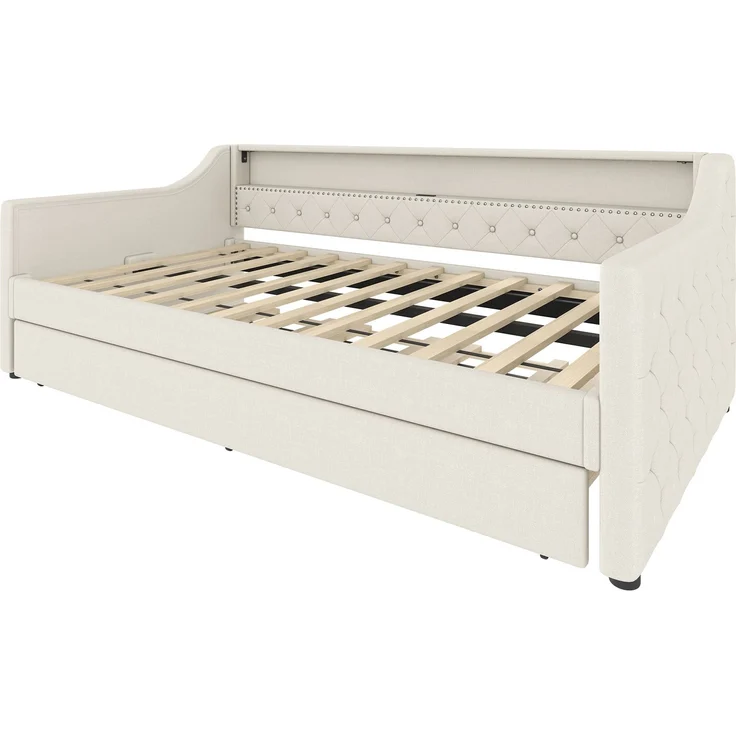 Polsterbett 90×200 cm aus Leinen-Stoff mit LED-Beleuchtung, USB-Anschluss und Ausziehbett, beige – Bild 7