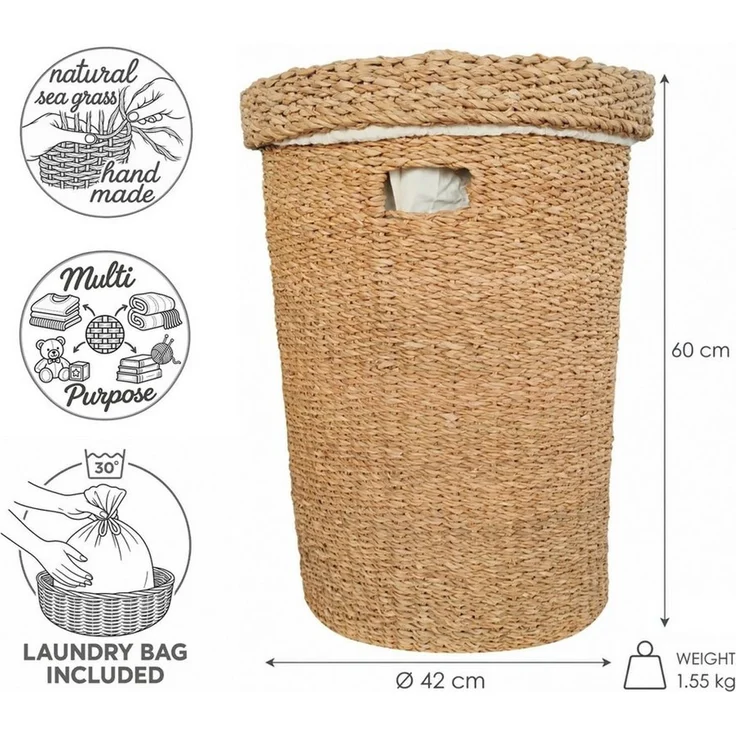 Casa Moro Wäschekorb mit Deckel aus Seegras, rund, 75 L (1 St, Größe M, Ø 42 x H 60 cm), Handgeflochten, Wäschebeutel herausnehmbar und bei 30 °C waschbar – Bild 2