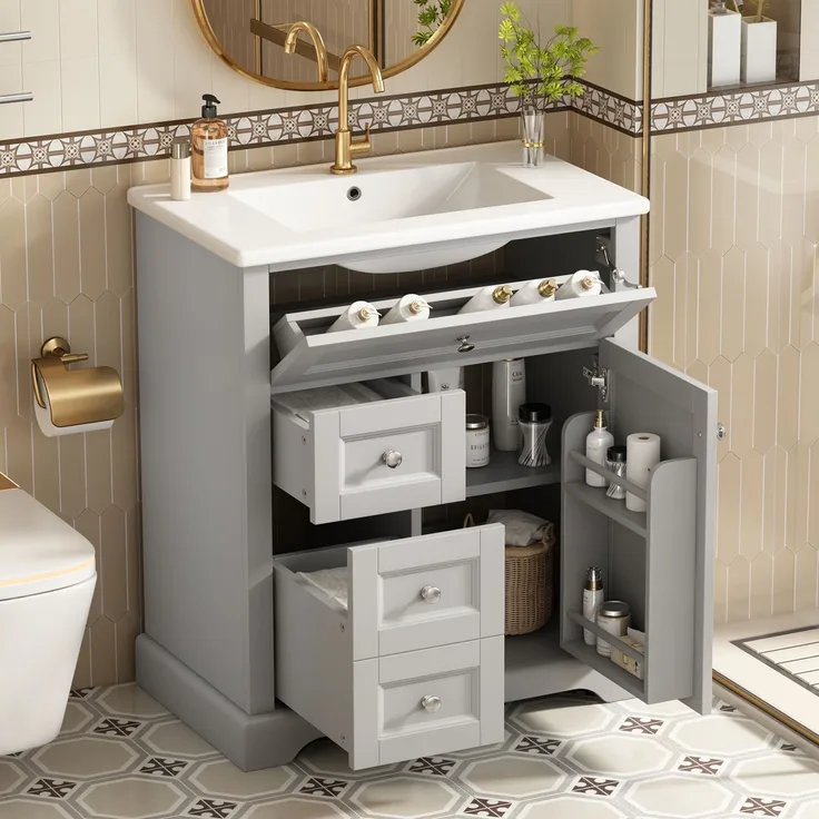 76x46x87cmBodenstehender Badezimmerschrank mit Waschbeck, Waschtisch, feuchtigkeitsbeständig lackiert, Soft-Close-Schubladenführungen, Türregale,ausklappbare Schublade,verstellbare Ablagefläche, grau