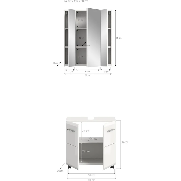 xonox. home – Badkombination Ice auf Rollen 60x185x30 cm in weiß Hochglanz – 2-teiliges Set inkl. Waschbeckenunterschrank auf Rollen & Spiegelschrank – Flexibel, modern & ideal für kompakte Badezimmer – Bild 4