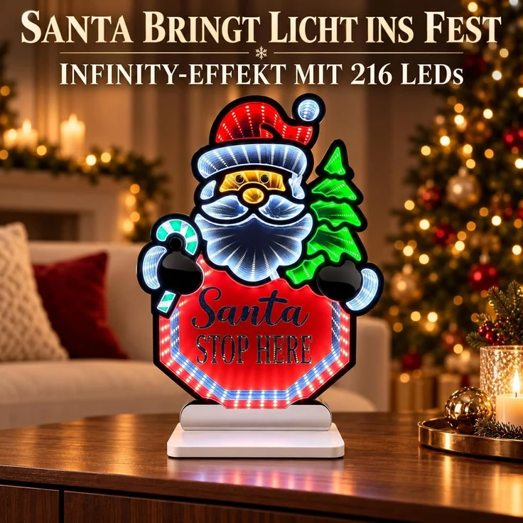 LED Infinity Spiegel Santa Stop Here 40,5 cm, Weihnachtsmann mit Timer – Bild 4