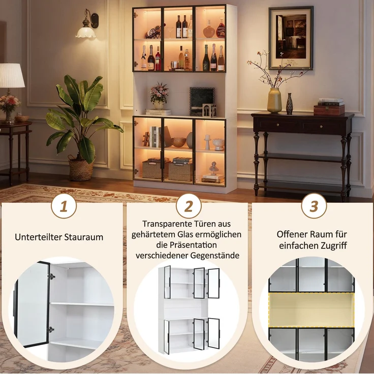 DESVIAE Vitrine mit 6 Glastüren und LED-Beleuchtung 120x200x34 cm MDF Weiß – Bild 6