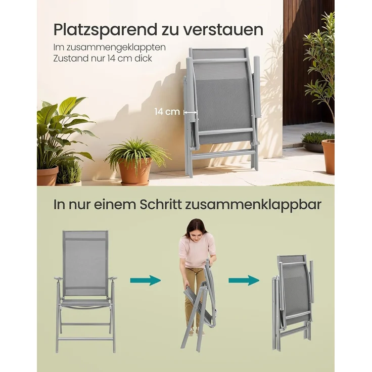 SONGMICS Gartenstuhl-Set 2-tlg., klappbar mit 8-fach verstellbarer Rückenlehne, Aluminiumgestell grau, bis 150 kg belastbar – Bild 6