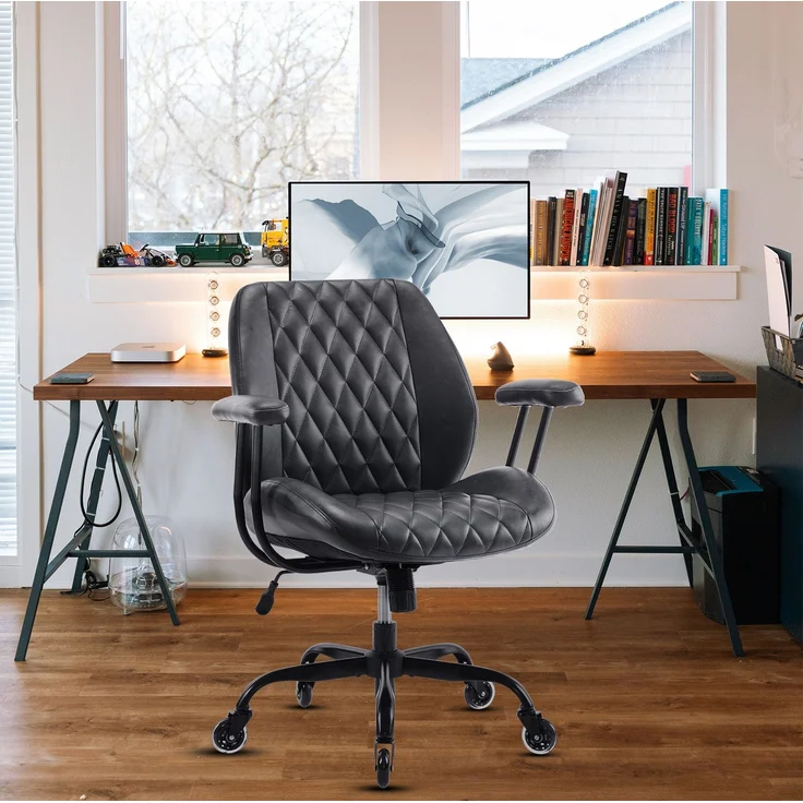 Bürostuhl aus Leder, ergonomisch & höhenverstellbar, 62x62x96 cm, Schwarz – Bild 2