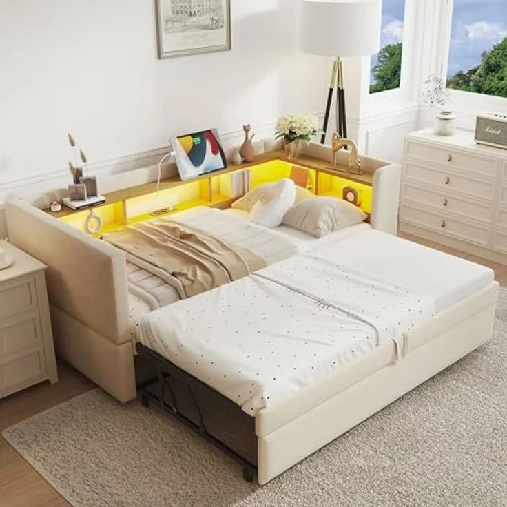 Ball & Cast Polsterbett Ausziehbares Schlafsofa 90/180 * 190cm, ausgestattet mit LED Leuchten, Steckdosen und vielen Ablagefächern, Polsterbett, Multifunktionsschlafsofa, Einzelbett, Beige – Bild 1
