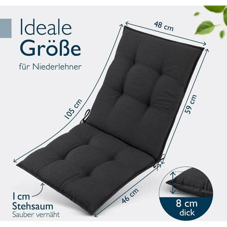 Beautissu Sitzauflage Premium Niedriglehner Auflage Sun-NL, 100x50cm, Anthrazit, 8cm Dicke Gartenstuhlauflage mit Befestigung UV-Lichtechtheit 5 – Bild 2