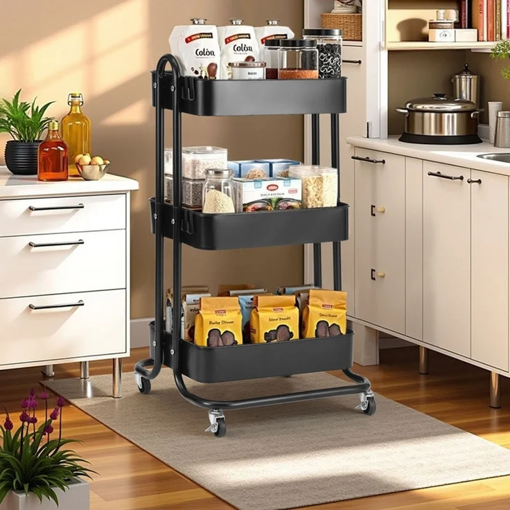 Home Nature Wohnkonzept Küchenrollwagen mit 3 Ebenen Schwarz, platzsparender Rollwagen für Küche, Bad und Haushalt, Schwarz, 80 × 40 × 44 cm – Bild 6
